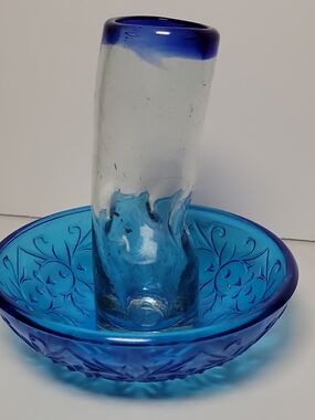 Blue Glass Flower Vase and Bowl Set